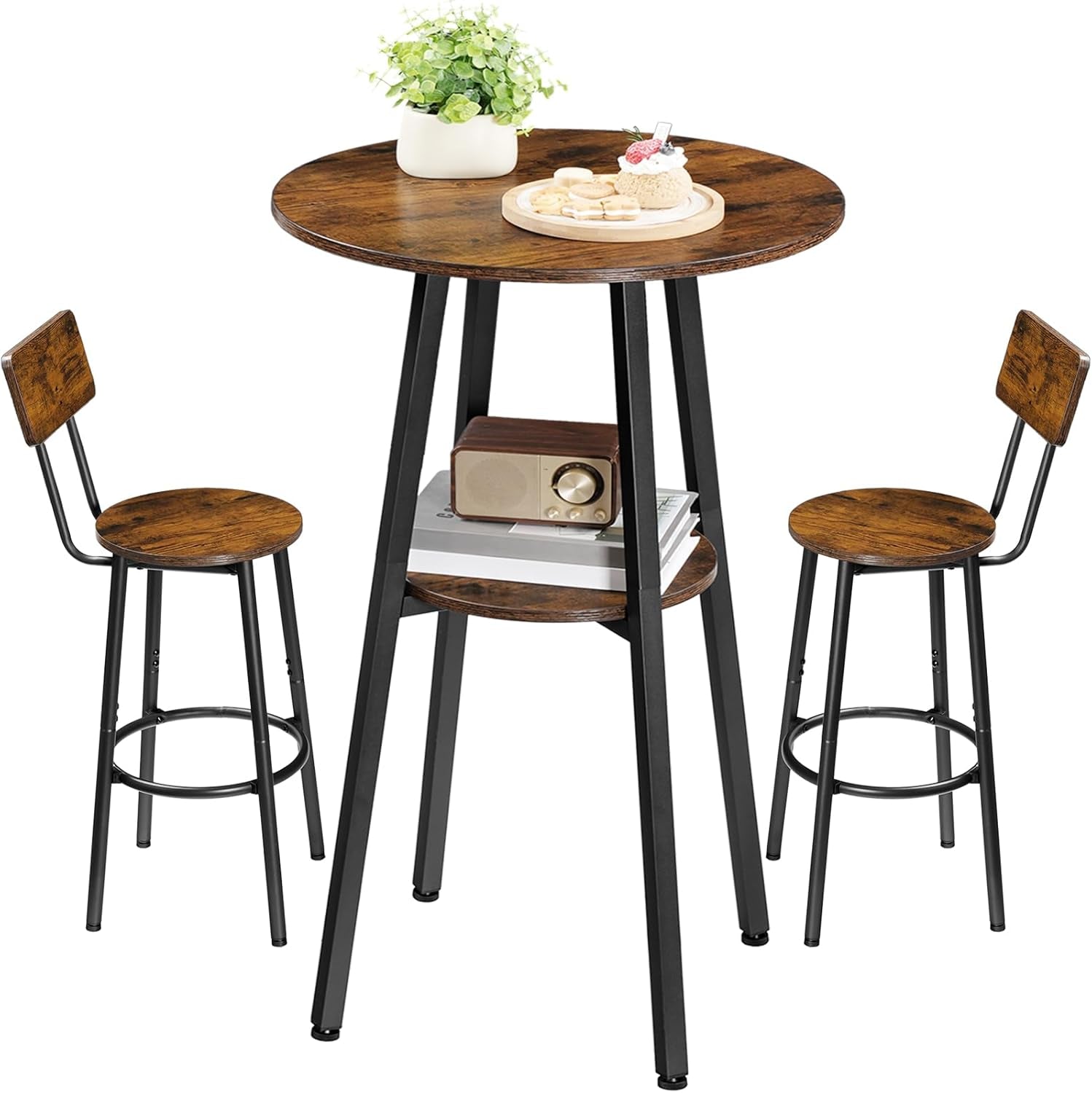 3 Pieces round Bar Height Table and Chairs Set, round Dining Table Set, Pub Table and Chairs for Small Space, 2 Tier Kitchen Table and Bar Stools with Back, Rustic Brown BF35BT01