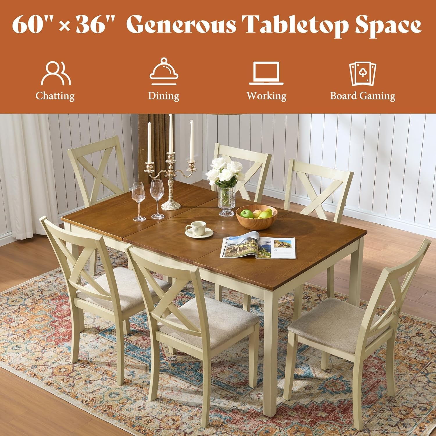 7-Piece Farmhouse Solid Wood Dining Table Set with 6 Upholstered Chairs, 60" Space Saving Dinner Table & Chairs Set, for Dining Room, Kitchen, Restaurant, Rustic Cream
