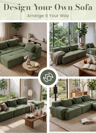 108-Inch Modular Tufted Sectional Sofa, Oversized L-Shaped Deep Seat Couch with Ottoman and Three Throw Pillows, Corduroy Upholstered Cloud Couch in Green