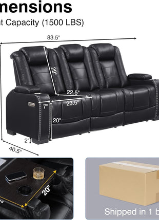 Black Leather Power Recliner Sofa with Arm Storage, Power Headrest, and Wireless Charging - Luxurious Living Room Couch with Cup Holders, Breathable Material, LED Lighting, Hidden Outlet, USB, and Type-C Ports