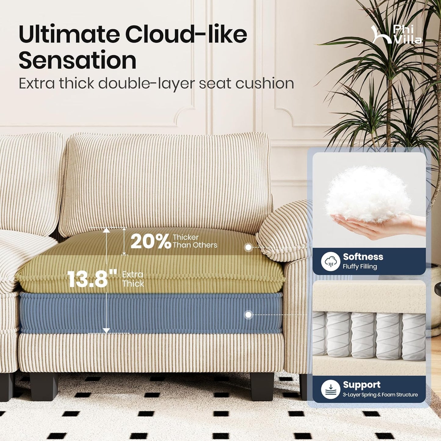 Cloud Modular Couches Sets, 2 Pieces Comfy Sectional Sofa Set with Loveseat, 5-Seater Upholstered Couch for Living Room, Corduroy, Beige