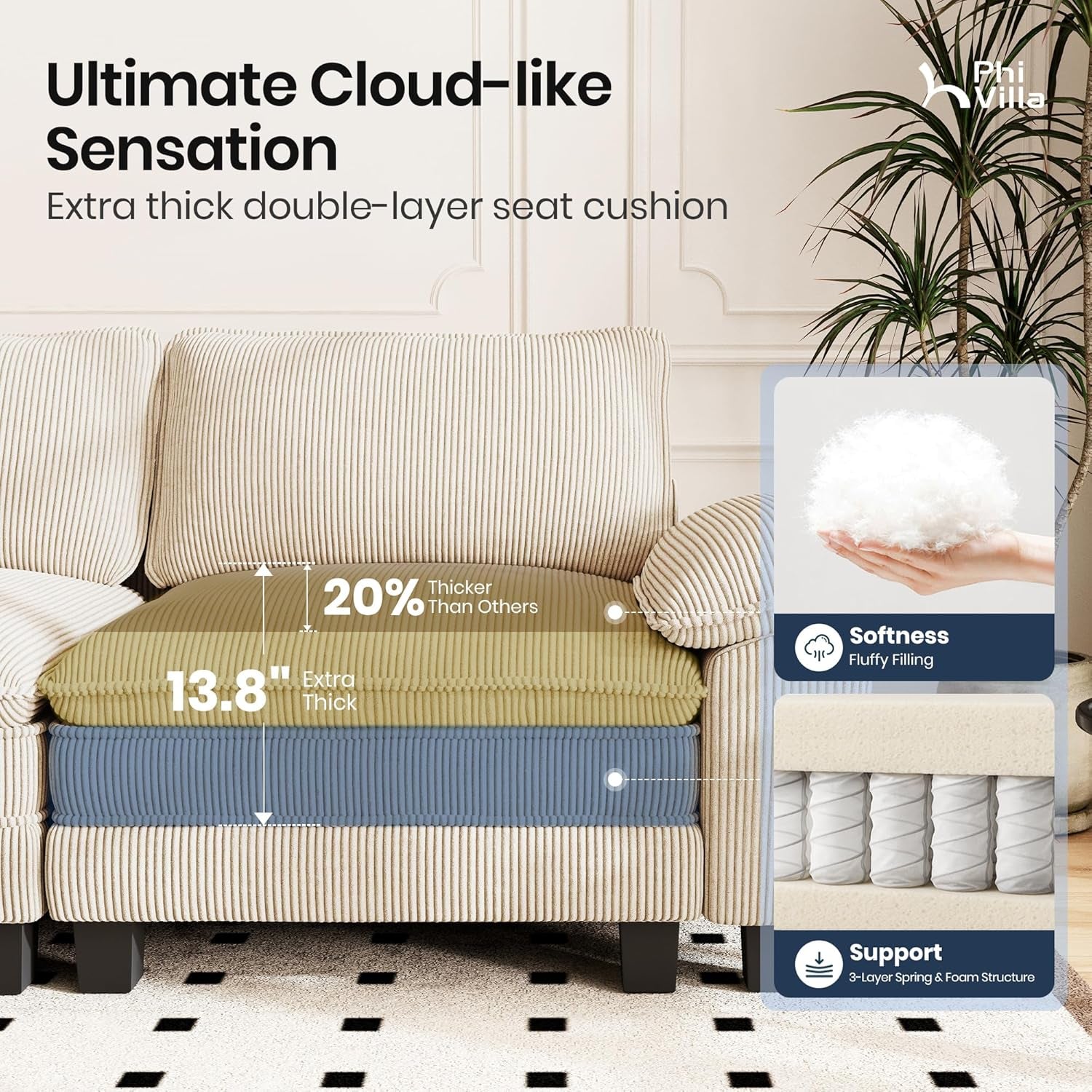 Cloud Modular Couches Sets, 2 Pieces Comfy Sectional Sofa Set with Loveseat, 5-Seater Upholstered Couch for Living Room, Corduroy, Beige