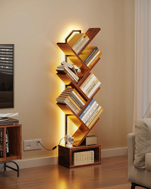 Tree Bookshelf with LED Lights, 6-Tier Narrow Bookcase for Small Spaces, Tall Steel & Wood Storage Shelf with Cabinet, Home Decor & Organizer for Living Room/Bedroom/Home Office, Vintage