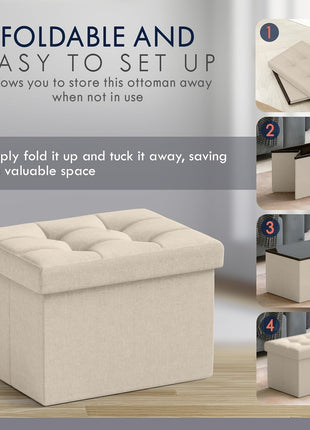 Rectangular Linen Foldable Ottoman - Compact Storage Footrest Stool for Living Room, Bedroom, Home Office, and Dorm - 12" x 16" x 12", Beige
