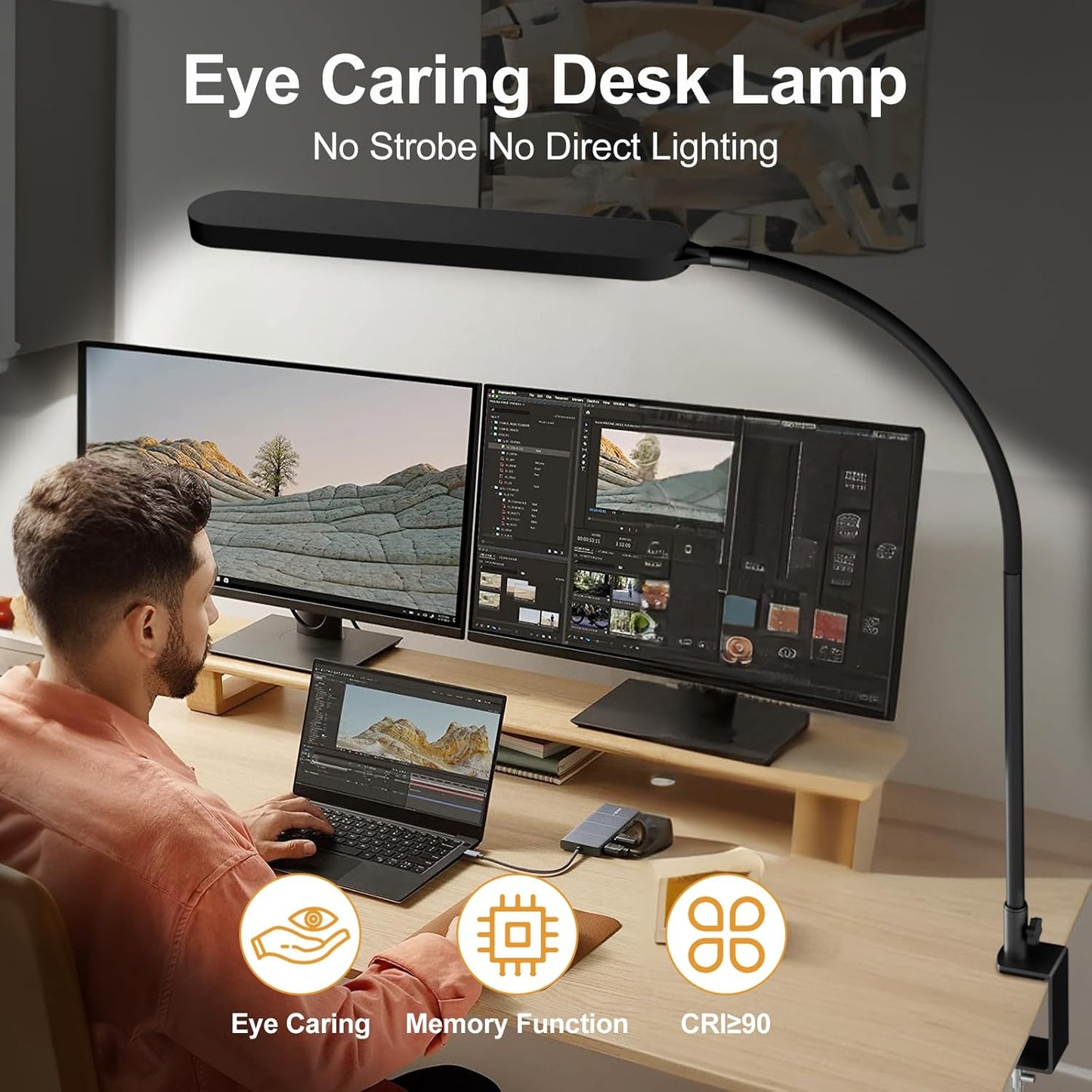 Led Desk Lamp - Desk Light for 33.5" Tall - Flexible Gooseneck - 5 Color Modes X 11 Brightness Levels - 1300LM - Timmer & Memory Function - 12W Clip on Light - Black