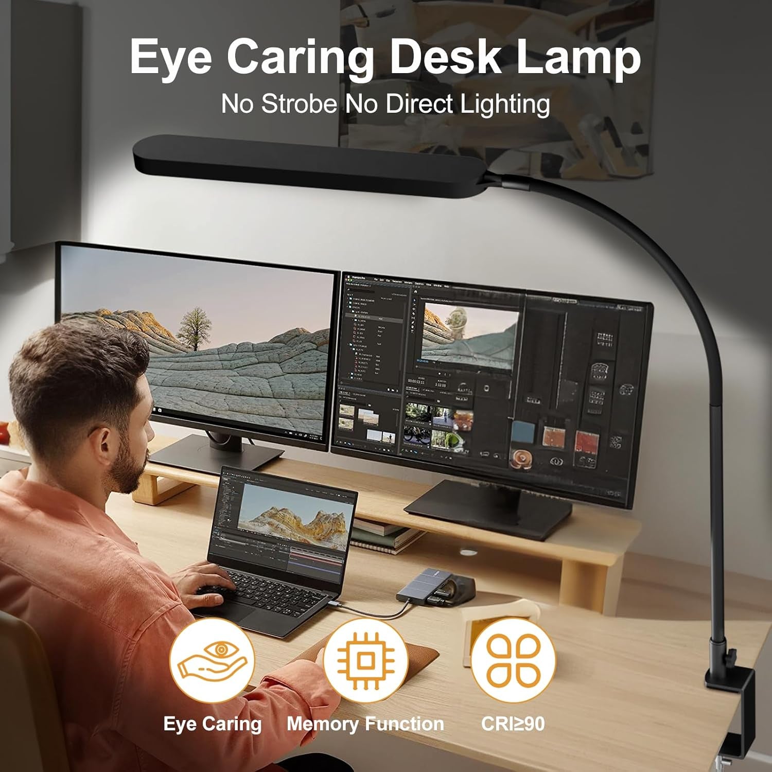 Led Desk Lamp - Desk Light for 33.5" Tall - Flexible Gooseneck - 5 Color Modes X 11 Brightness Levels - 1300LM - Timmer & Memory Function - 12W Clip on Light - Black