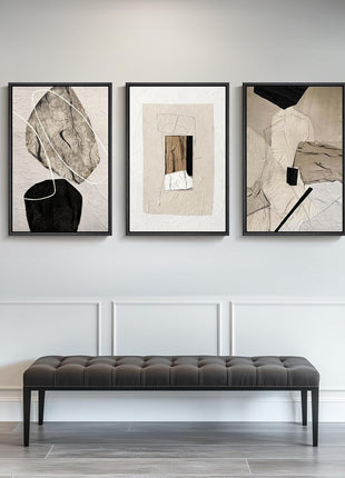 Large Framed Neutral Abstract Wall Art Set - 3-Piece Modern Canvas Prints for Living Room, Hallway, Staircase, and Office Decor - Black and Beige Artwork, 24x36 Inches