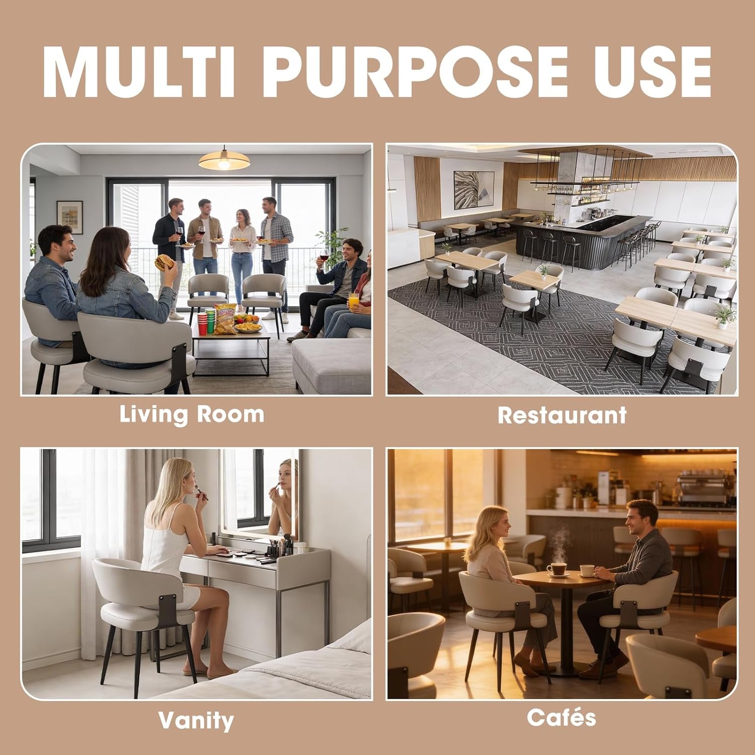 Modern Dining Chairs Set of 2, Upholstered Faux Leather Kitchen Side Chairs with Curved Open Back, Easy Assembly for Dining Room, Restaurant, Cafe, Warm Gray