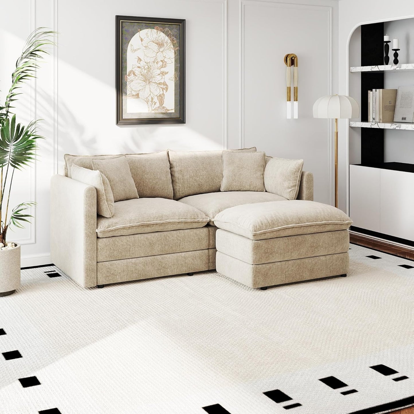 Modular Sectional Sofa Modern Convertible Loveseat Couch,77.16 Inch Deep 2-Seater Sofas Comfy Chenille Cloud Sofas and Couches Set with Movable Ottoman for Living Room Apartment（Camel）