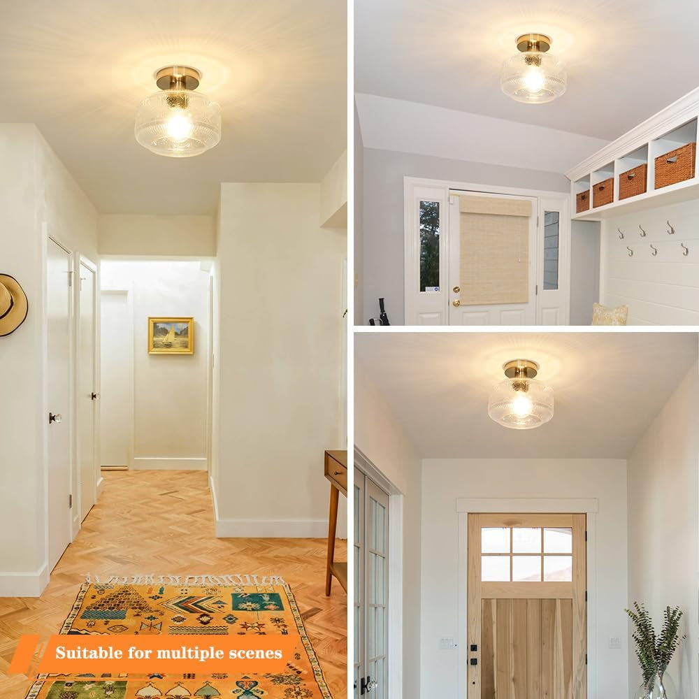 DSMJFU Semi Flush Mount Ceiling Light, Vintage Small Ceiling Light Fixture, Thickened Glass Hallway Lighting Fixture, Brass Kitchen Ceiling Mount Light for Entry Way, Bedroom, Bathroom, Porch