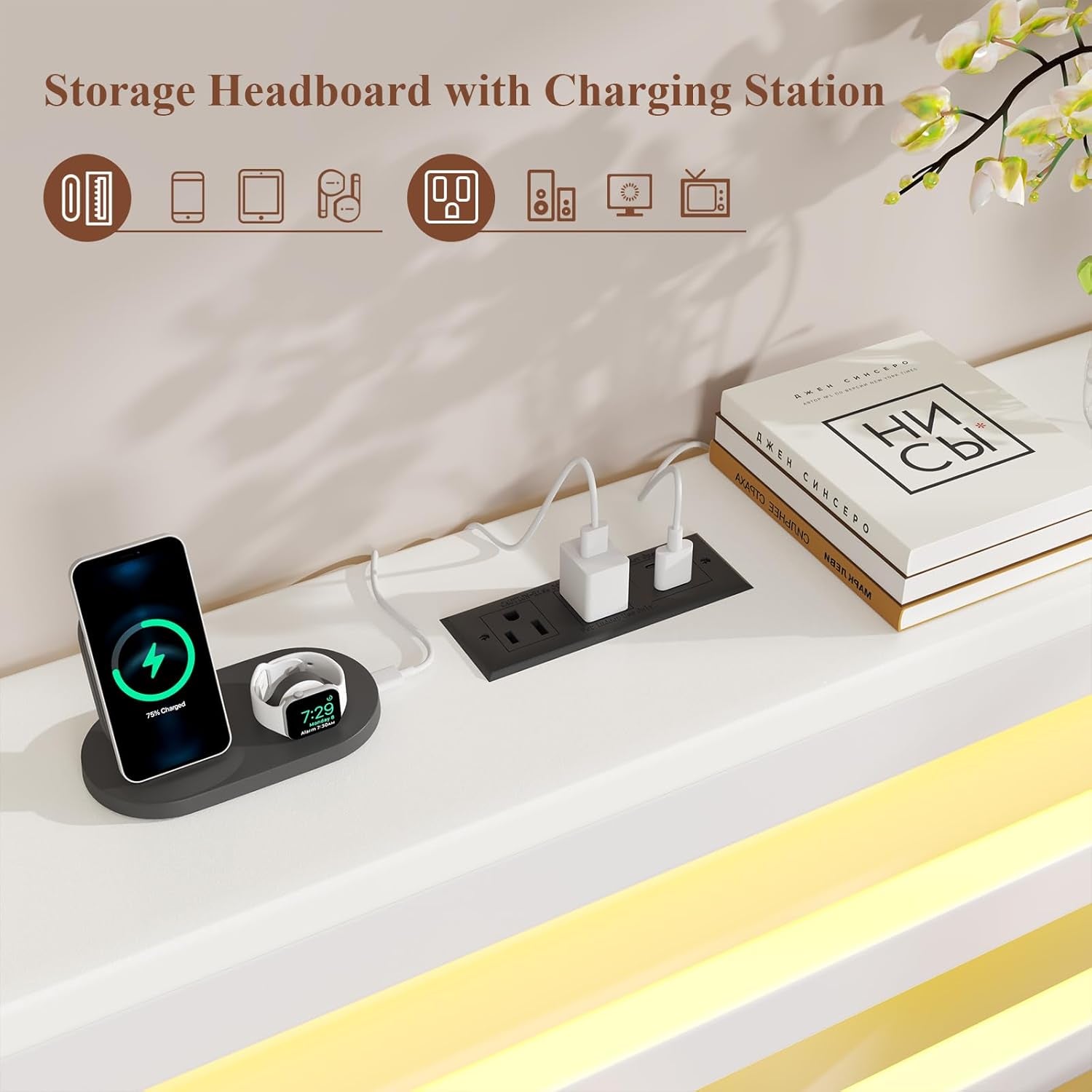 Full Size Bed Frame with Storage Headboard, Industrial Platform Bed with Charging Station and LED Lights,Underbed Storage Space, No Box Spring Needed, Easy Assembly, White