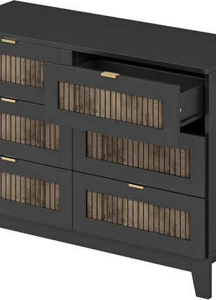 4-Piece Farmhouse Bedroom Furniture Set: Queen Size Platform Bed with Wooden Strip Accents, Two Storage Nightstands, and Dresser with Metal Handles in Black