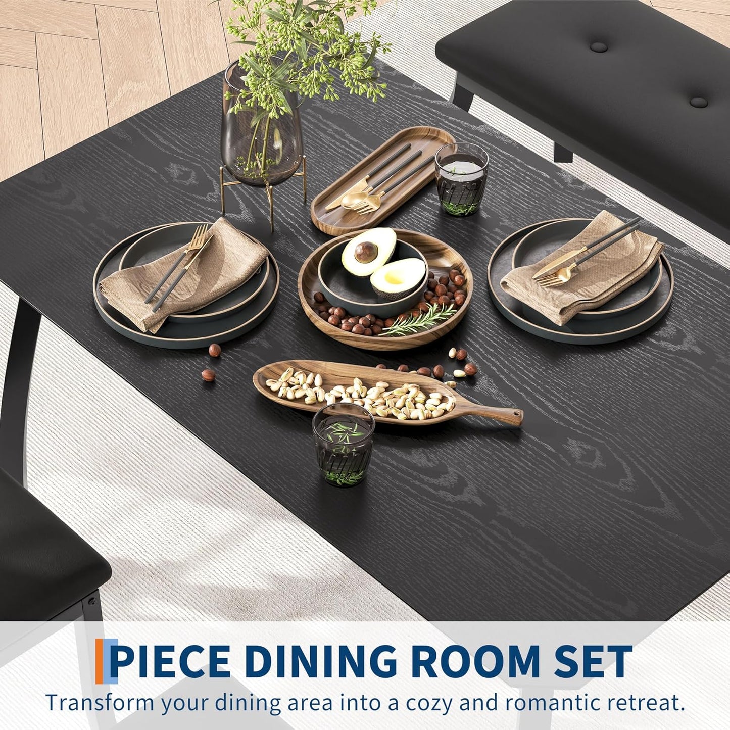 43'' Dining Table Set for 4, Wooden Kitchen Table with Upholstered Bench & 2 Cushion Chairs, Industrial Dinette Set for Studio, Kitchen, Dining Room, Apartment, Black