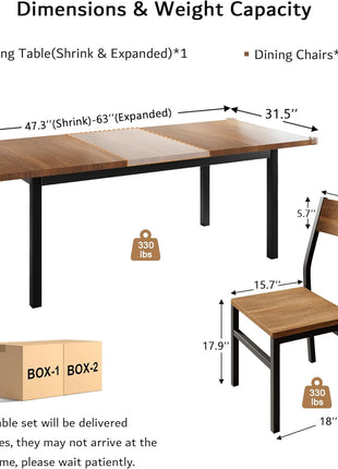 7-Piece Extendable Dining Table Set with 6 Chairs, 63" Solid Metal Frame and MDF Top, Perfect for Compact Spaces, Easy Assembly, Walnut Finish