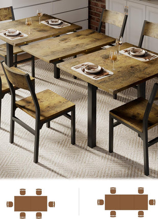 7-Piece Extendable Dining Set for 4-6 with 63" Kitchen Table and 6 Chairs, MDF and Metal Frame, Perfect for Compact Spaces, Easy Assembly, Rustic Brown Finish