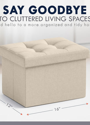 Rectangular Linen Foldable Ottoman - Compact Storage Footrest Stool for Living Room, Bedroom, Home Office, and Dorm - 12" x 16" x 12", Beige