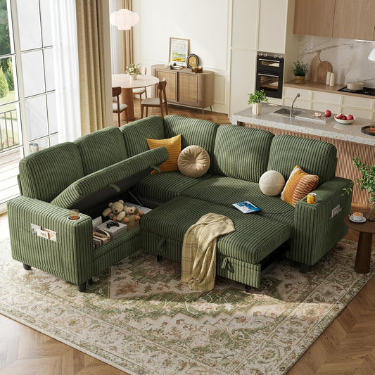 Sectional Sleeper Sofa with Storage Chaise & USB Charging, Convertible Pull Out Couch Bed Plush Corduroy Modular Sectional Couches for Living Room Apartment (Green)