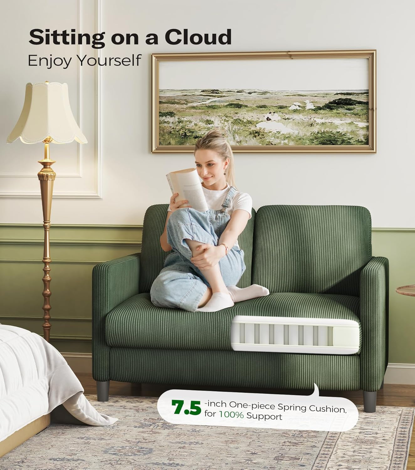 Loveseat Sofa, 51" Love Seat, Comfy Corduroy Small Loveseat for Small Spaces, Tool-Free Setup Couch for Bedroom, All-Wood Couches for Living Room, No Pillow Included, Green