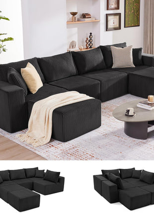 135.4" Modular Cloud Couch Sectional Sofa, Deep Seat U-Shaped Boneless Design, Plush Corduroy Convertible Couch for Living Room, Seats 6, Black