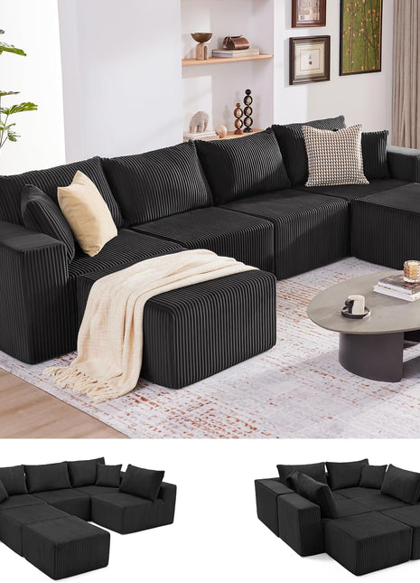 135.4" Modular Cloud Couch Sectional Sofa, Deep Seat U-Shaped Boneless Design, Plush Corduroy Convertible Couch for Living Room, Seats 6, Black