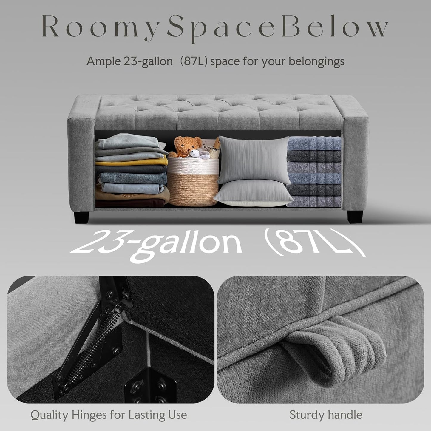 Storage Ottoman Bench, Linen Fabric End of Bed Storage Bench with Button Tufted, Safety Hinge Lid, Large Ottoman for Bedroom, Living Room & Entryway