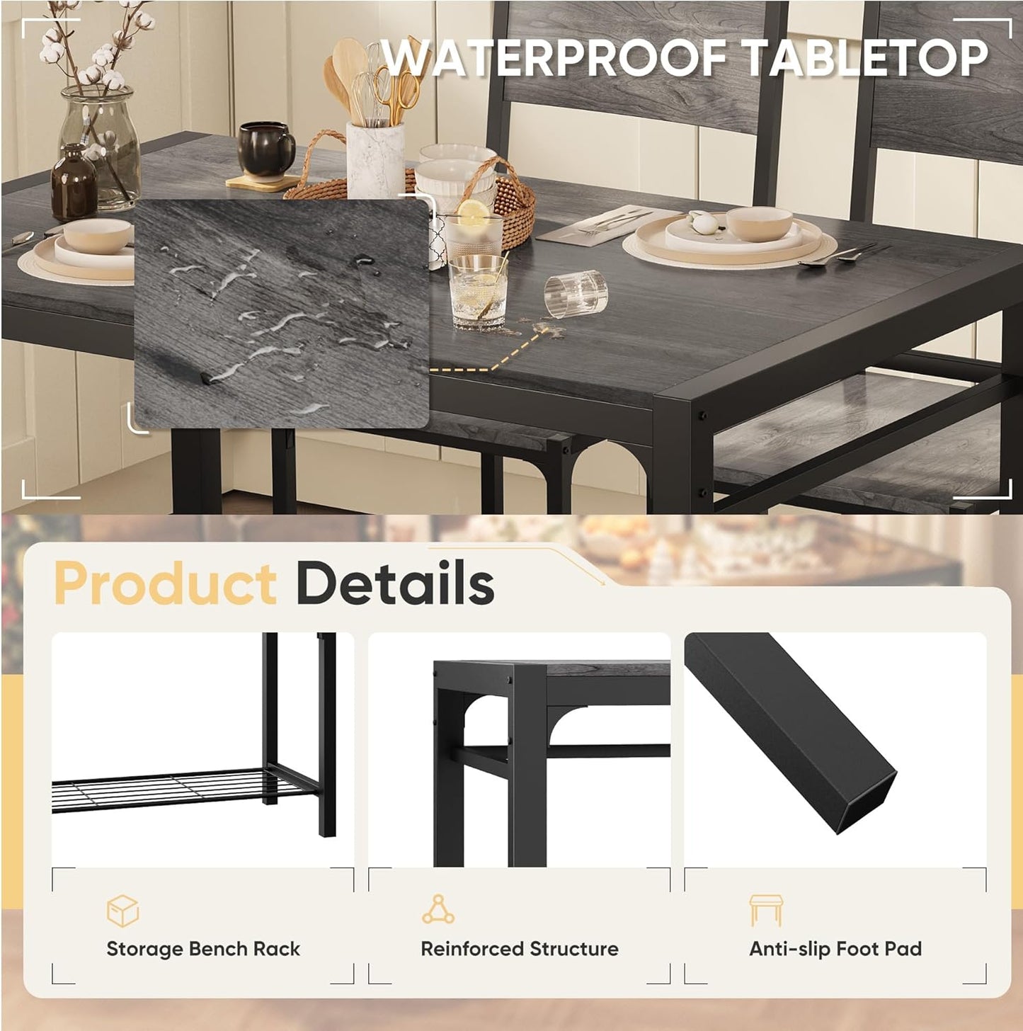 Kitchen Table and 2 Chairs for 4 with Bench, 4 Piece Dining Sets for Small Space, Dark Grey