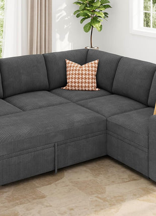 Stylish Dark Grey Modular Sectional Sleeper Sofa with Pull-Out Bed and Storage - Versatile L-Shaped Couch for Living Room Aesthetics