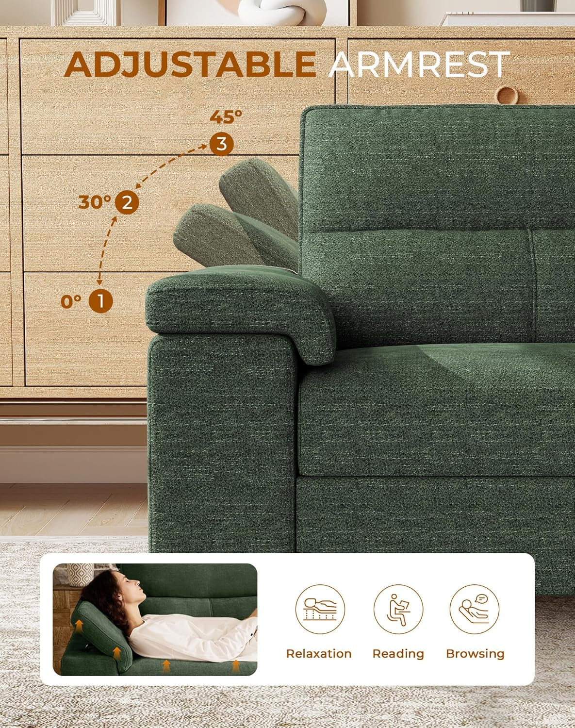 88.97" Modern Sofa Couch for Living Room, Deep Seat Sofas with 8”Cushion, Comfy 2-Seater Chenille Loveseat with Convertible Armrest, Removable Sofa Cover, High Leg (Green)