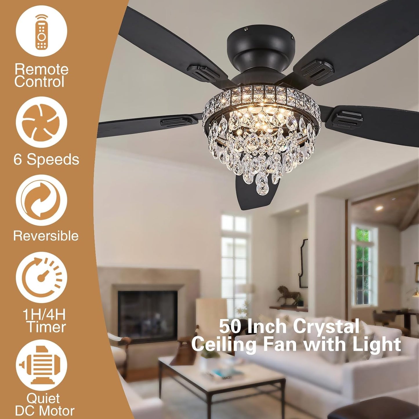 Crystal Ceiling Fan Fandelier with Lights-Ceiling Fans with Lights,50" Low Profile and Remote Control, Flush Mount, Reversible, Dimmable, Noiseless, Black Ceiling Fan for Bedroom