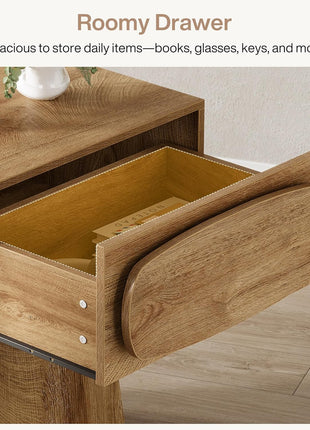 Contemporary Wooden End Table with Storage Drawer and Curved Handle for Living Room and Bedroom, Perfect for Compact Spaces (Natural Wood Finish)