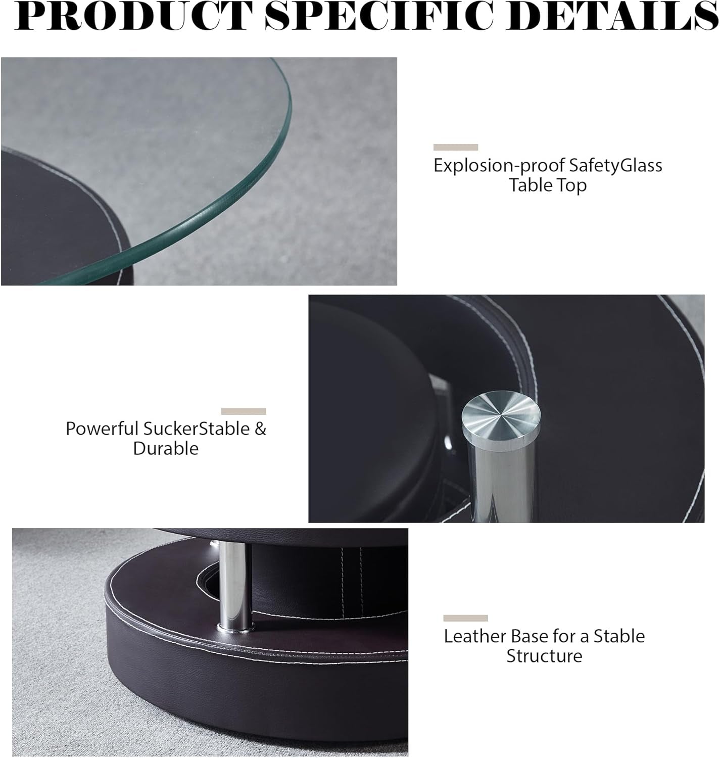 Oval Glass Coffee Table Set of 3, 0.39" Tempered Glass Top and S Shape Base, Modern Coffee Table with 2 Leather Stools, Accent Coffee Table for Living Room Bedroom, Black