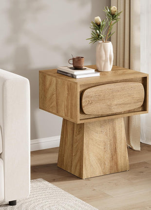 Contemporary Wooden End Table with Storage Drawer and Curved Handle for Living Room and Bedroom, Perfect for Compact Spaces (Natural Wood Finish)
