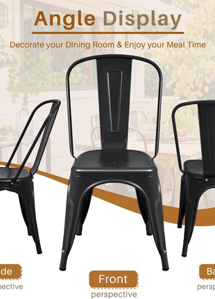 Stackable Metal Dining Chairs for Indoor and Outdoor Use - Set of 4 Classic Trattoria Bistro Cafe Chairs in Black