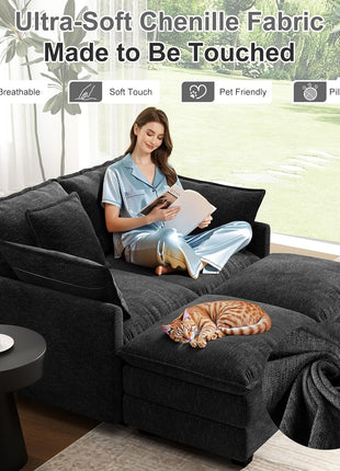 58-Inch Modular Sectional Loveseat with Deep Seating, Removable Washable Pillows, and Ottomans - Perfect for Living Room, Bedroom, or Apartment in Black