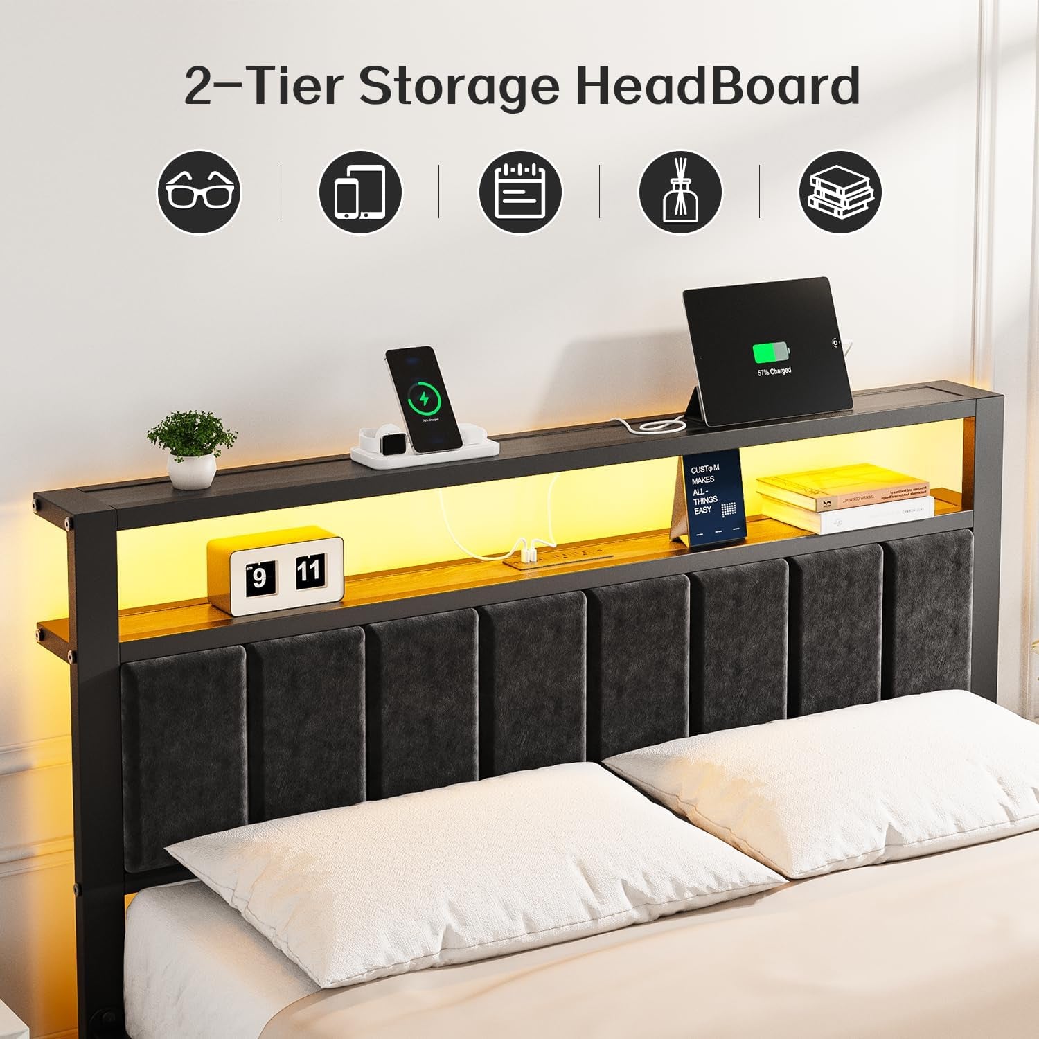 Queen Size Bed Frame with LED Lights & Charging Station, Modern Platform Bed with 2-Tier Storage Headboard, No Box Spring Needed, Noise Free