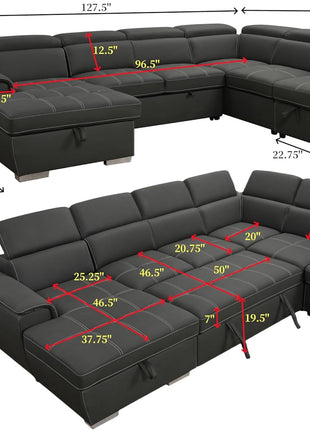 Stylish 127-Inch Charcoal Grey Microfiber U-Shaped Sectional Sofa with Pullout Bed, 7 Seats, Adjustable Headrests, Storage Chaise, and Ottoman – Effortless Assembly, Breathable, High-Quality Design for Modern Living Rooms