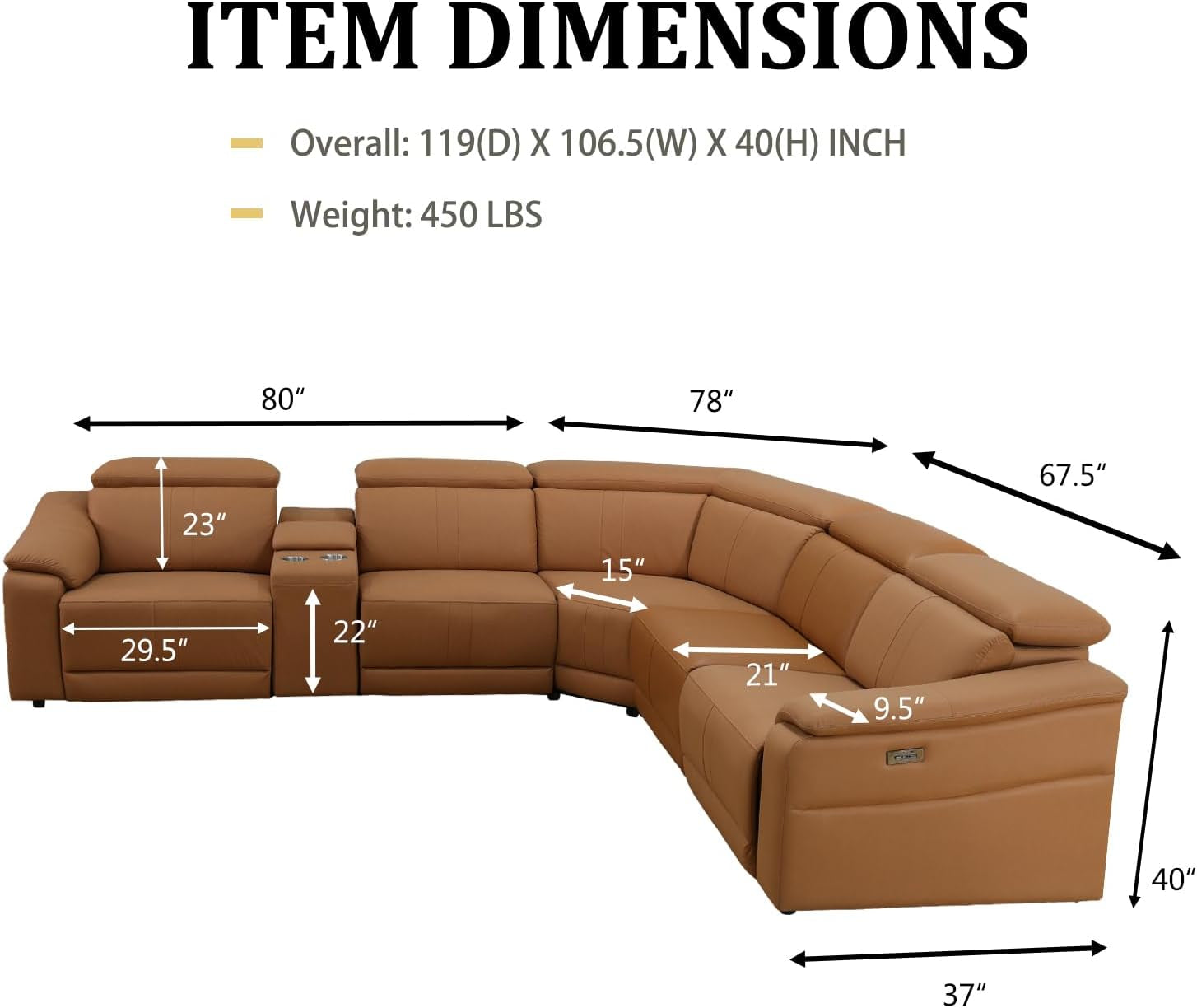 Power Recliner Sectional Sofa, L-Shaped Living Room Furniture Set, Light Brown Leather Sofa, Reclining Sectional Couch with Storage Console/Cup Holder for Living Room/House/Apt