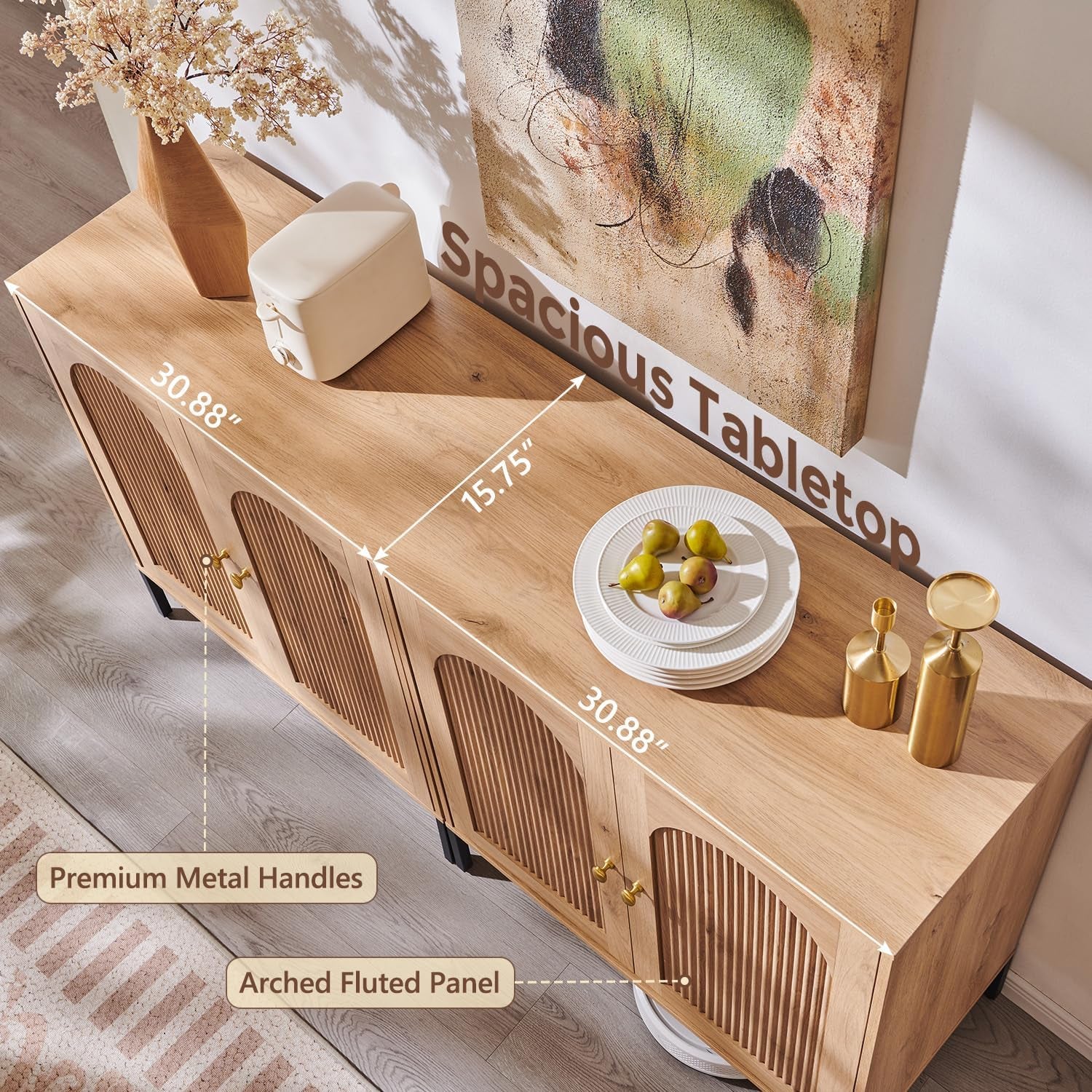 Modern Buffet Cabinet with Storage, 61.75" W Fluted Arched Sideboard Cabinet W/Adjustable Shelves, Wooden Modular Coffee Bar for Dining Room, Kitchen, Living Room, Entryway, Natural