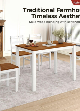 5-Piece Farmhouse Dining Set for Four with Space-Saving Design in Walnut and White Wood