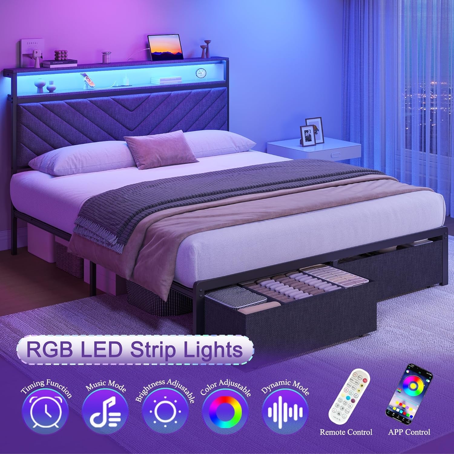 Queen Bed Frame with 2 Drawers, Upholstered Headboard with Storage and Charging Station, LED Lights, Fabric Drawers with Wheels, under Bed Storage, No Box Spring Needed, Easy Assembly, Grey