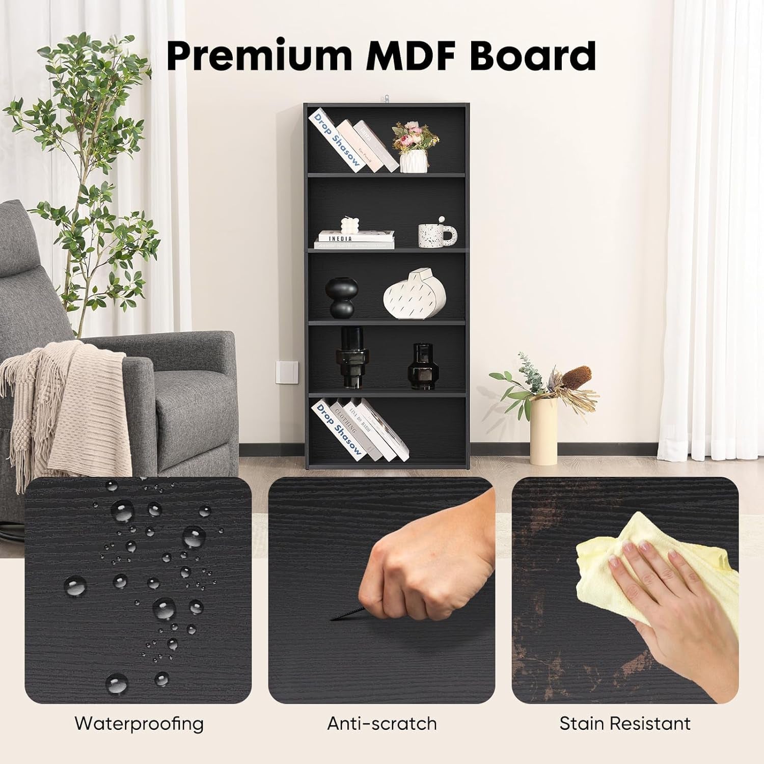 Industrial 5 Shelf Bookcase - Large 53 Inch Tall Floor Standing Open Bookshelf for Home Office, Living Room, and Bedroom Storage, Classic Black