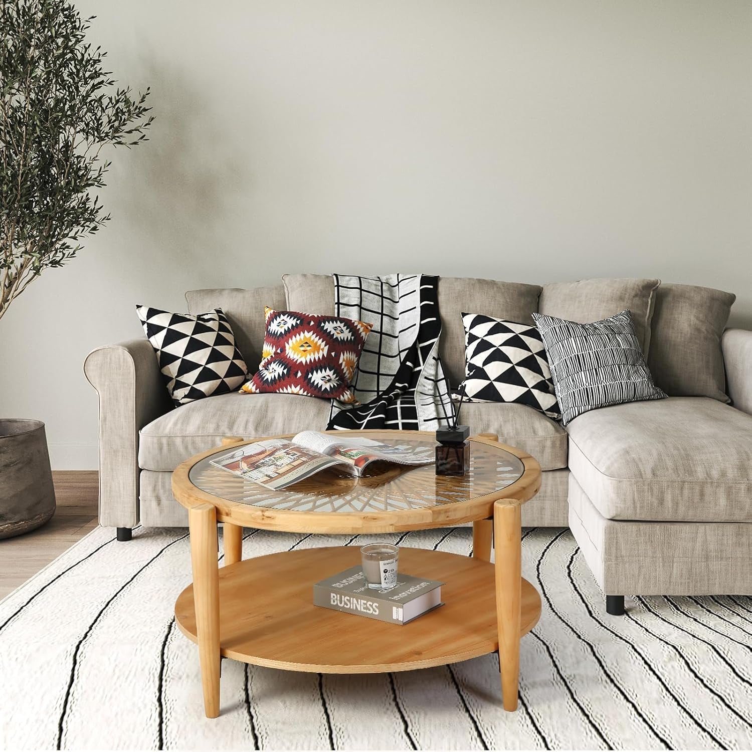 Rattan Coffee Tables,2-Tier round Boho Cocktail Tables, Mid Century Modern Coffee Table with Rattan & Tempered Glass Top and Wood Legs, Sofa Table for Living Room(Natural)