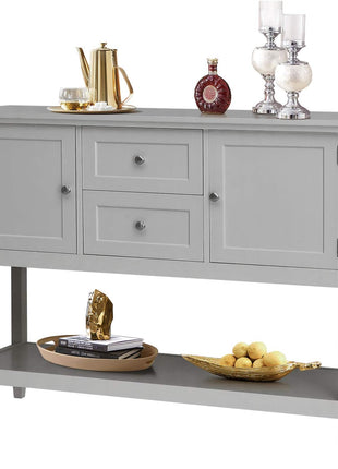 Grey Wood Buffet Sideboard with Storage Shelves, Drawers, and Cabinets for Living, Kitchen, and Dining Areas