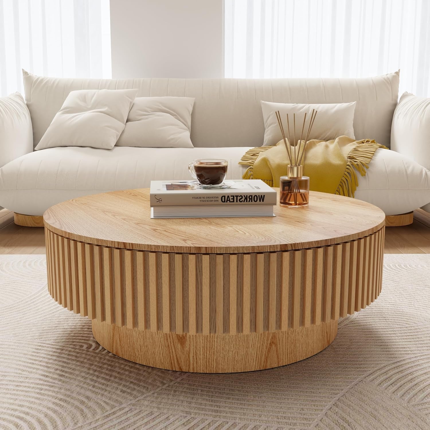 39.37'' round Coffee Table with Storage, Modern Fluted Circle Coffee Table Unique Drum Low Center Tea Table with Solid Wood Veneered for Living Room, Mesas De Centro Para Sala, Natural