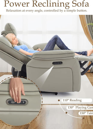 Power Reclining Sofa with Fold-Down Table, Breathable Leather Electric Recliner with Cup Holders, Outlets, and USB-C Ports for Living Room (Grey, 3-Seater)