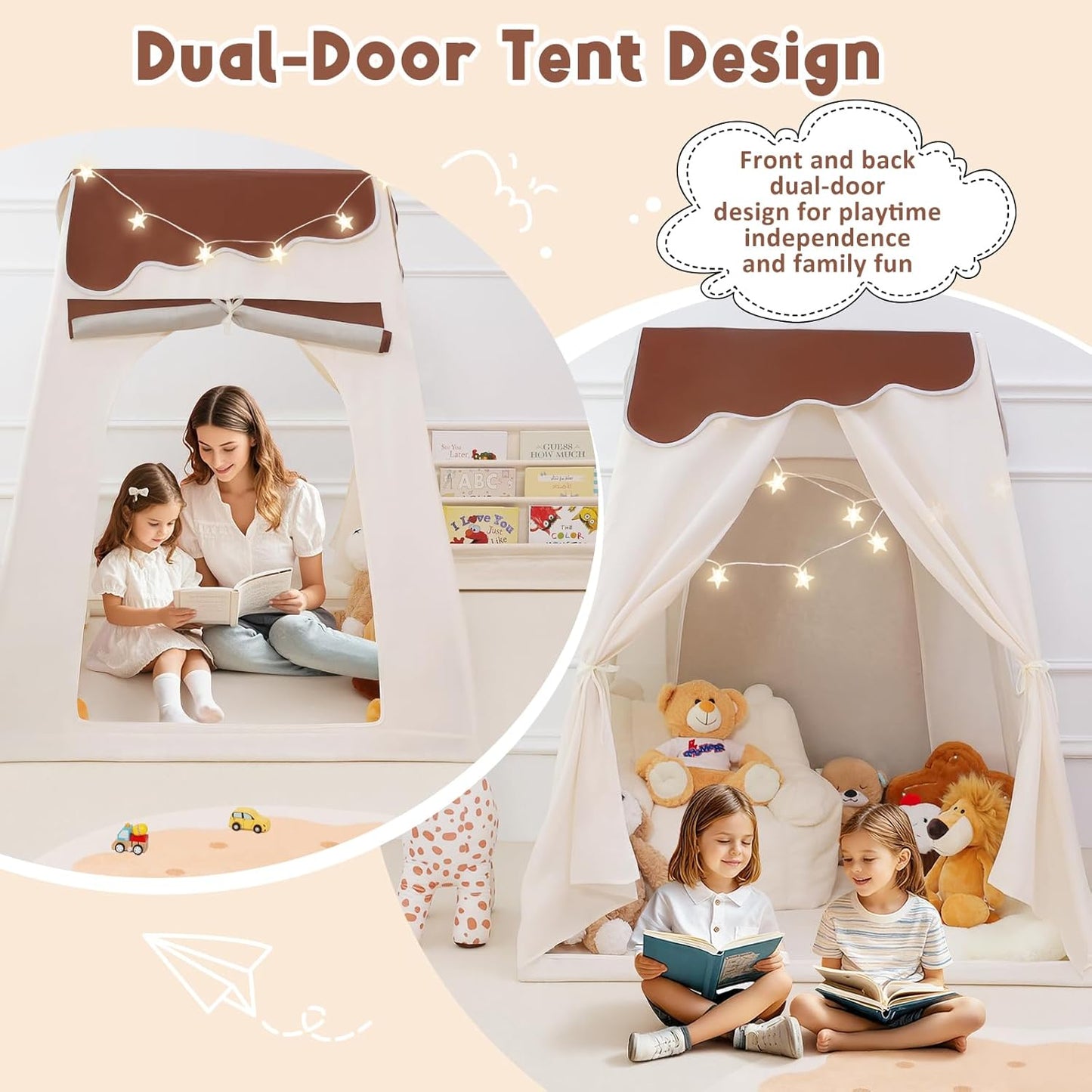Frustum Design Kids Play Tent with Star Lights, Dual-Door Toddler Tent Indoor for Ages 4-8, Portable Toddler Playhouse Gift for Girls & Boys, Brown