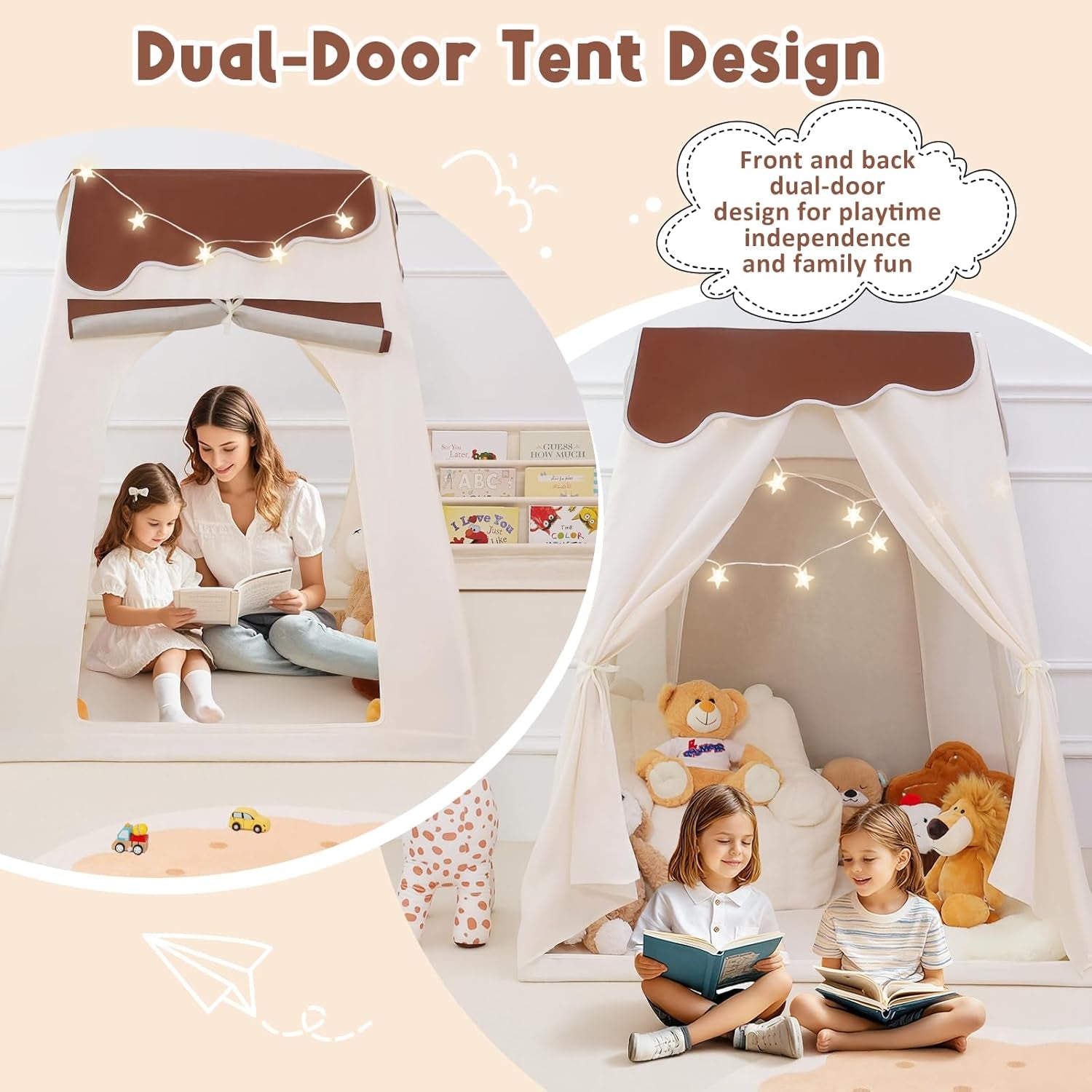 Frustum Design Kids Play Tent with Star Lights, Dual-Door Toddler Tent Indoor for Ages 4-8, Portable Toddler Playhouse Gift for Girls & Boys, Brown