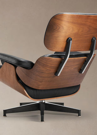 Mid-Century Modern Top Grain Leather Chaise Lounge Chair with Ottoman - Timeless Design and Robust Support for Living Room, Walnut Finish