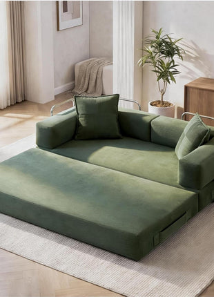 5-in-1 Convertible Green Sofa Bed with Removable Corduroy Cover and High-Density Foam, Includes 2 Pillows – Ideal for Living Room and Bedroom, No Assembly Required