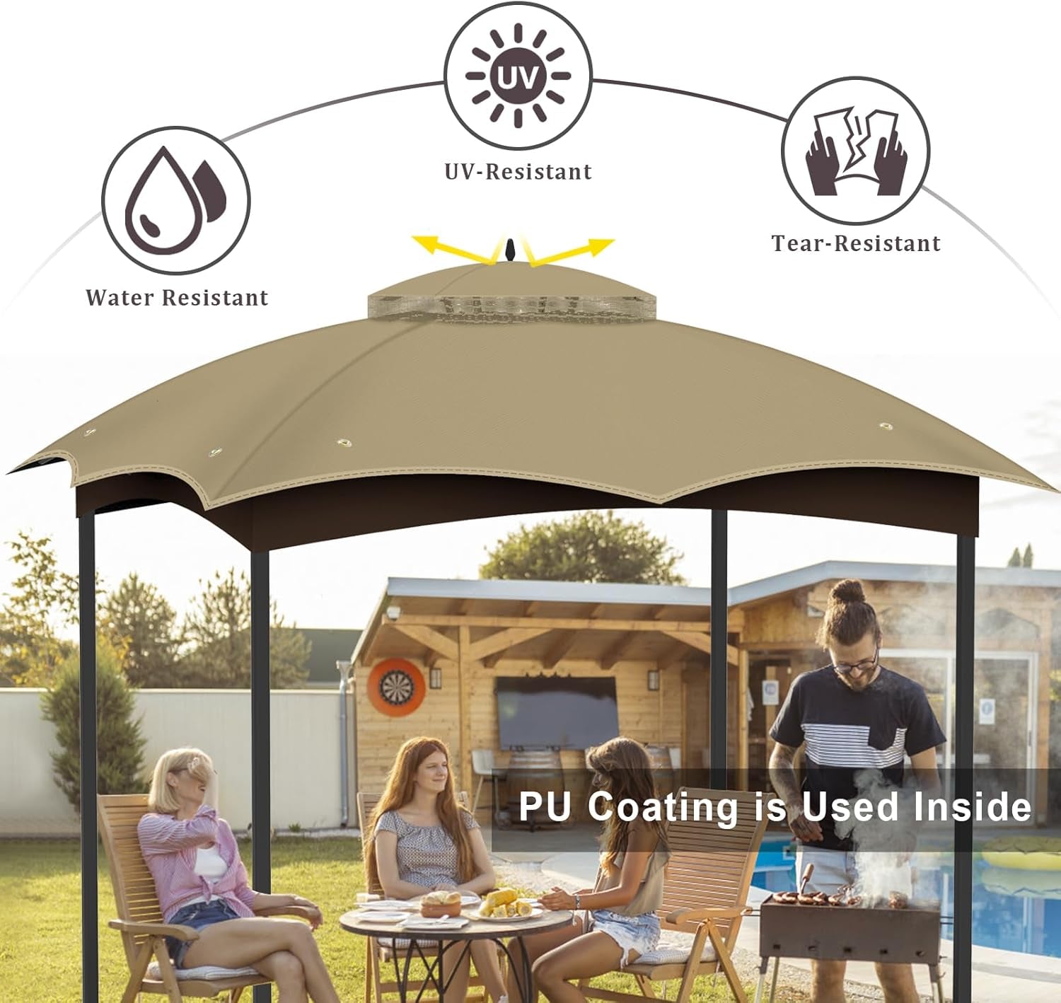 10X12 Replacement Gazebo Canopy Top Cover, Double Tiered Waterproof Canopy Roof for Lowe'S Allen Roth Gazebo #GF-12S004B-1 (Khaki, 10X12)